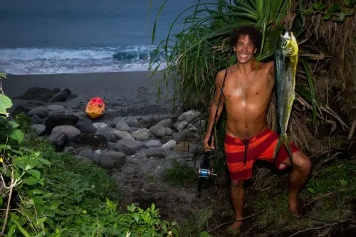 Fresh mahi-mahi catch from an ocean fishing trip on the beach