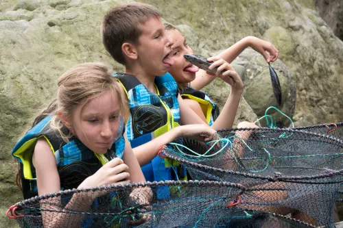 Kids checking a shrimp trap by the river rocks