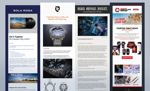 Email Newsletter Designs for Kiwi musician Sola Rosa, boutique watchmaker Magrette Timepieces, author Joe Henley, and Auckland Martial Arts Supplies