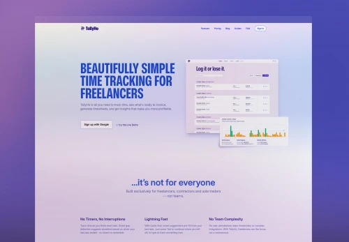 Screenshot of TallyHo time tracking and expense-logging SaaS for freelancers, contractors and sole traders.