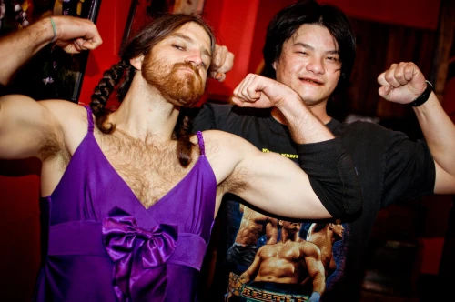 Pro-wrestling kawaiicore legend Ladybeard gets his guns-out with fan after a wild show in Taipei | Live music photography by Steve Leggat